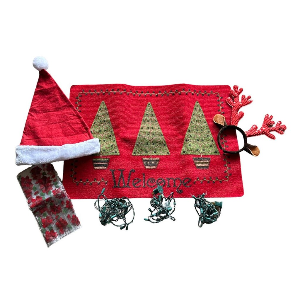 Christmas Items Decor Welcome Mat Lights Santa Hat Treat Bags & Reindeer Game